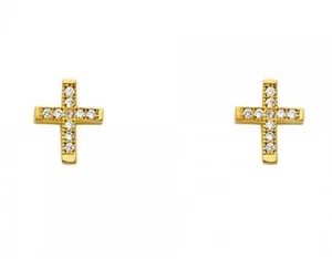 14K Solid Yellow Gold Cross Earrings Lab Created Diamonds - Picture 1 of 2