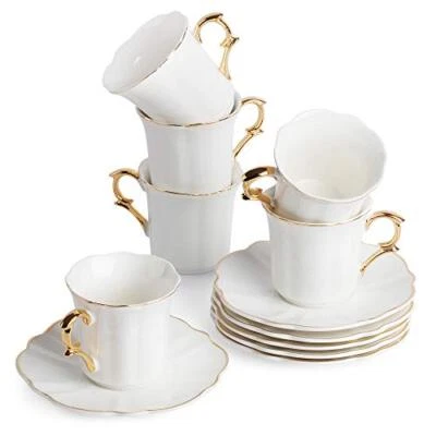 BTaT- Espresso Cups and Saucers 2.4 oz Set of 6 with Gold Trim and Gift Box D... - Image 1 of 4
