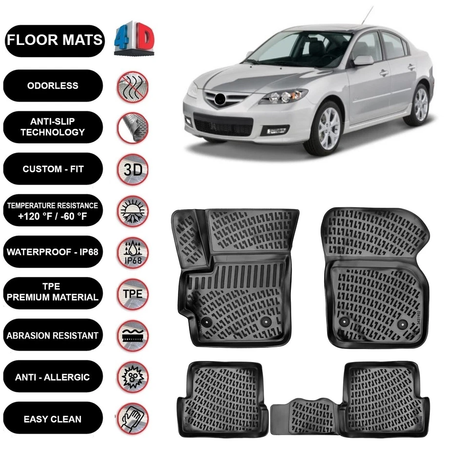 Alfombrillas forro para Mazda 3 (2003-2008) impermeables moldeadas en 4D negras 4 un. Foto 1 de 4