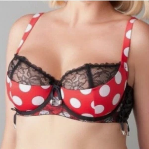 NWT CACIQUE Red Polka Dot Black Lace Corset Side French Balconette Bra Size 44H - Picture 1 of 7