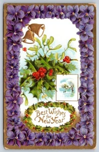 New Year Best Wishes, Holly, Violets, Mistletoe, Bells, 1910 Gottschalk Postcard - Imagen 1 de 2