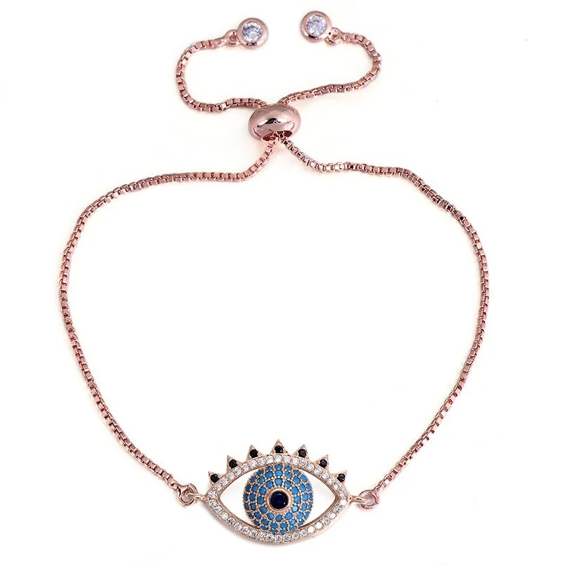 Evil Eye Cute Rose Gold Sparkly Blue Cubic Zirconia Thin Adjustable Bracelet - Image 1 of 2