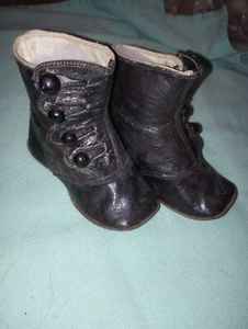 Antique Black Leather Side Button Child/Large Doll Shoes - Picture 1 of 4