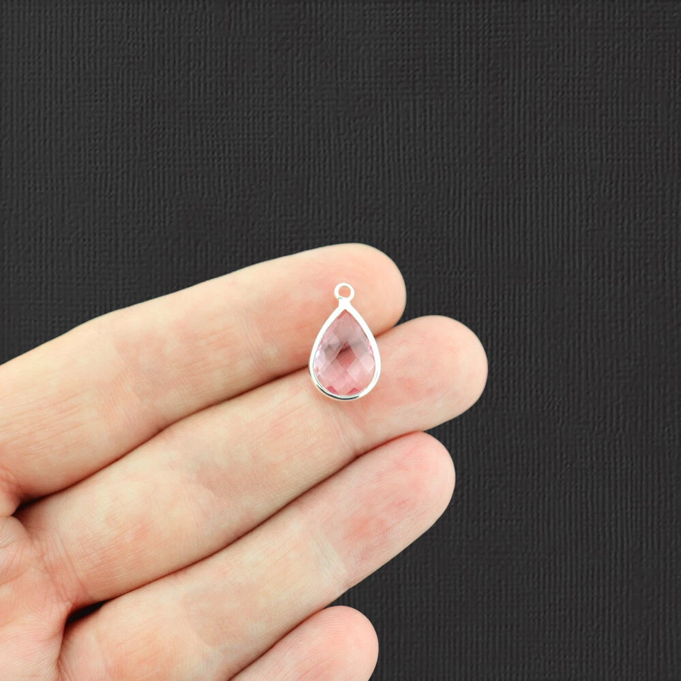 Dije de latón tono plata estrás lágrima rosa 2 caras - DBD662 Foto 1 de 1