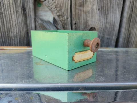 Vintage Small Green Tin Hardware Drawer With Wood Knobs Cover