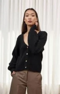 350 $ La Ligne Designer Provence schwarze gerippte Woll-Cardigan Gr. L neu mit Etikett - Bild 1 von 10