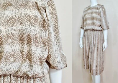 Vintage 70s Reo Blouson Dress Reptile Snake Print Brocade Full Pleat Skirt S M - Image 1 of 4