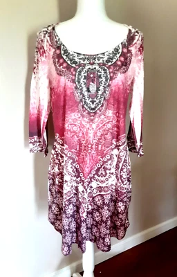One World Sleep XL Night Shirt Gown Pink Multicolor Boho 3/4 Sleeve Pullover - Image 1 of 4