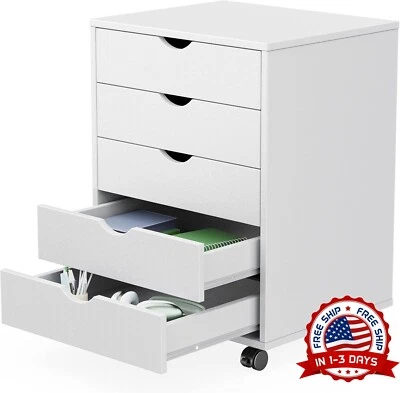 Cómoda De 5 Cajones, Armarios De Almacenamiento Móviles De Madera (Blanca) NUEVO - Image 1 of 4