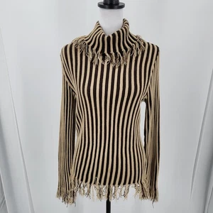 Us Three Sweater Womens Medium Brown Tan Striped Distressed Frayed Knit Pullover - Picture 1 of 12