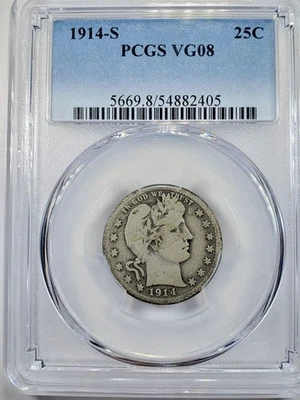 1914-S Barber Silver Quarter 25C PCGS VG08  - Image 1 of 4