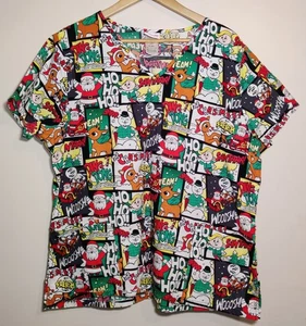 Rudolph Scrub Top XL Red Nosed Reindeer Christmas Holiday Nurse Uniform V Neck - Picture 1 of 3