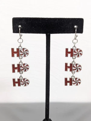 Christmas Dangle Earrings Ho Ho Ho Red Candy Cane Long Pierced - Image 1 of 4
