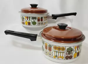 2 Vtg Danish Modern Enamelware Saucepot Pot Lid Retro Kitchen White Pattern Set - Picture 1 of 12