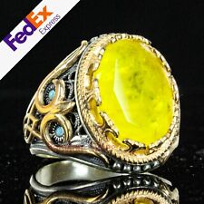 Turkish Handmade 925 Sterling Silver Yellow Tourmaline Stone Mens Ring All Sizes