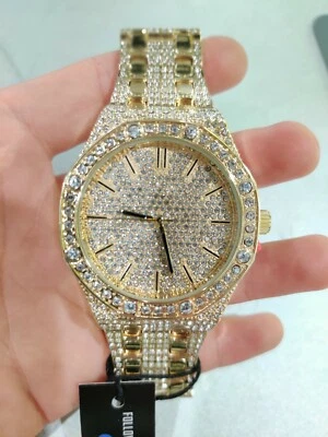Reloj Hombre Completamente Dorado Helado Bling Rapero Simular Laboratorio Diamante Lujo Forma Octágono Foto 1 de 4