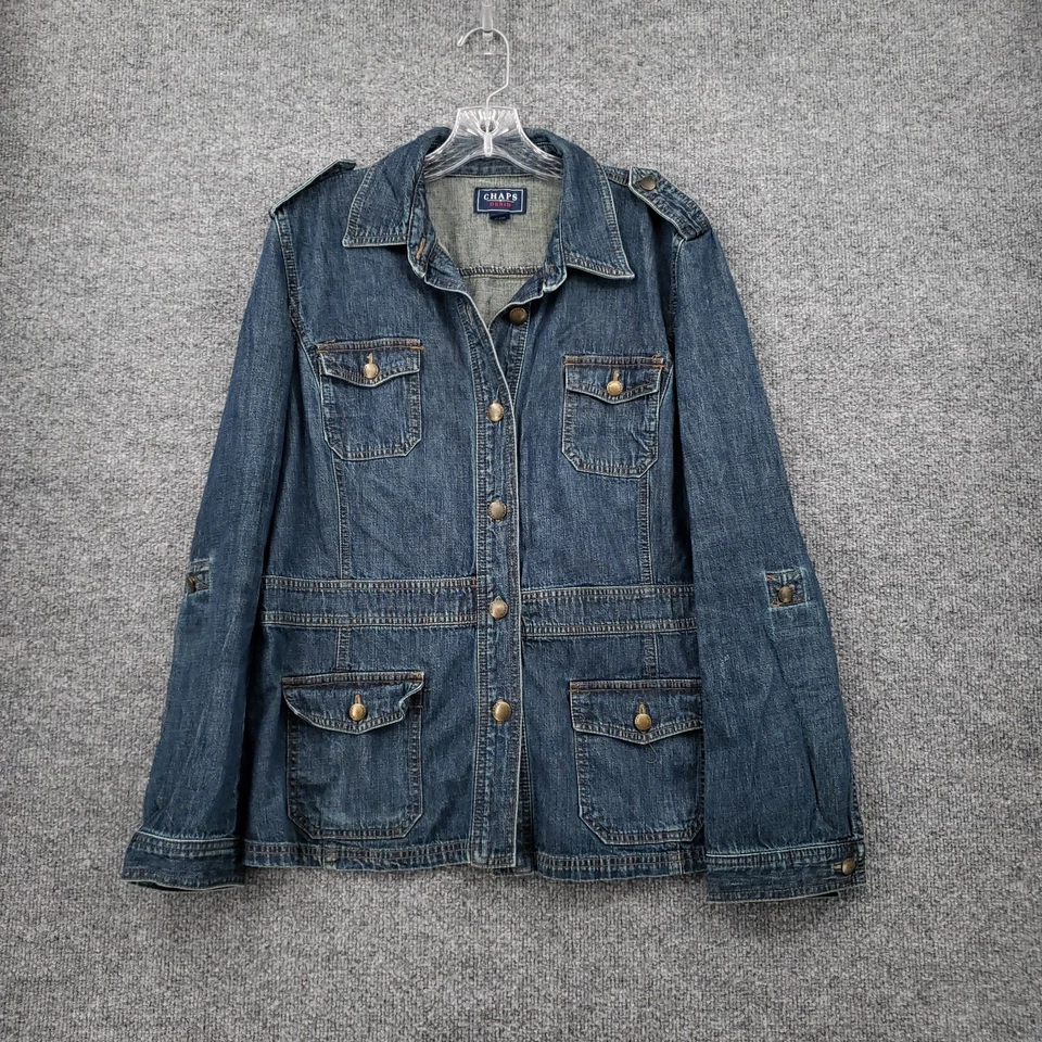 Chaps 夹克女式大号蓝色纽扣长袖领牛仔牛仔卡车司机 — 第 1/4 张图片