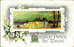 Easter Peace Be Thine White Adobe Church Embossed With White Lilies Postcard - Picture 1 of 1