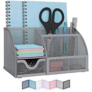 NEATERIZE Organizer da Scrivania 6 Scomparti con 1 Cassetto Rete Metallo Grigio - Foto 1 di 6