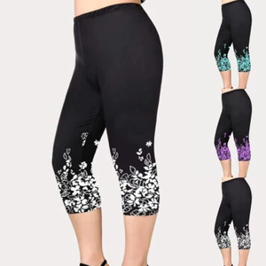Plus Size Women Floral 3/4 Capri Pants Leggings Gym Yoga Sport Cropped Trousers - Picture 1 of 14