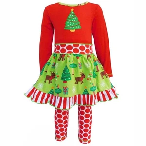 AnnLoren Two-Piece Red and Green Christmas Tree & Polka Dot Set 2/3T - Picture 1 of 3