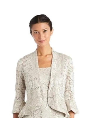 Jaqueta de noite feminina R&M RICHARDS renda lantejoulas frente aberta manga 3/4 tamanho 12 - Imagem 1 de 4