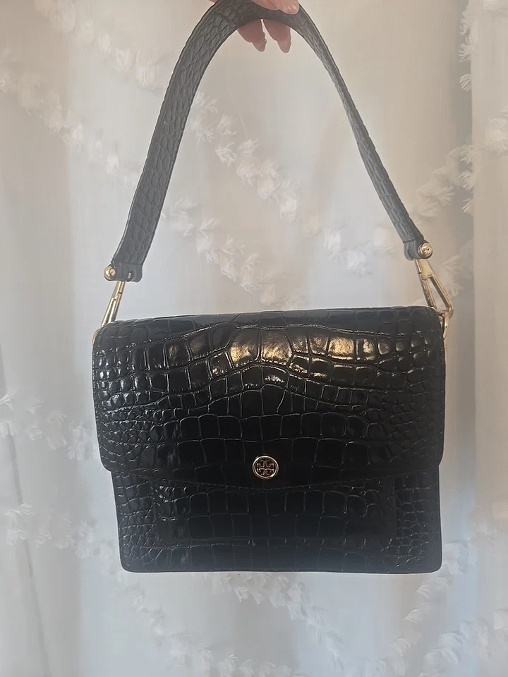 Bolso de hombro Tory Burch Robinson de cuero mediano en relieve de cocodrilo negro Foto 1 de 4