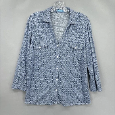 Camisa J McLaughlin Mujer Grande Azul Blanco Mezcla de Lino Botón Estampado Frontal Top Foto 1 de 4