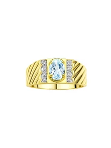 Rylos  Gold Plated Silver Aquamarine & Diamond Designer Ring Size 8-13 - Picture 1 of 6