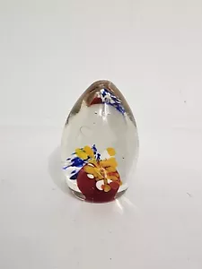 Glass Paperweight 9.4oz Hand Blown Egg Shape Yellow Blue Floral 3" Tall Vintage - Picture 1 of 7