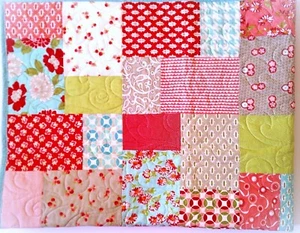 Patchwork Baby Quilt, Sweet Prints in Rosey Reds, Sky Blue, Soft Grays and Green - Picture 1 of 13