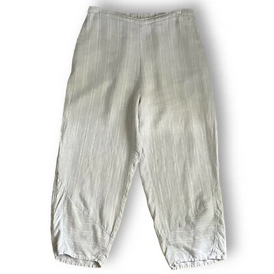FLAX Womens Lantern Pant Sz Medium Beige Stripe Linen Pull On Lagenlook Coastal - Image 1 of 4