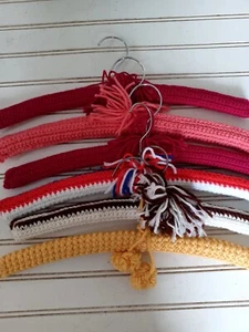 6 Vintage Old Hand Crocheted / Knitted Wooden Coat Hangers Multicolor - Picture 1 of 6