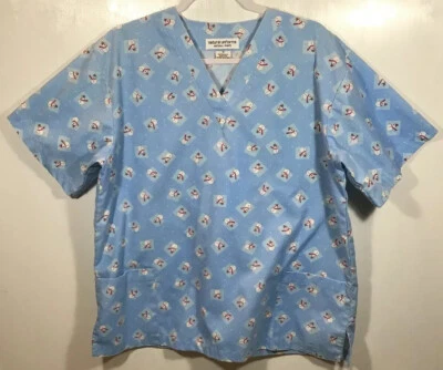 Christmas Scrub Top womens size M Medium Natural Uniforms Snowmen Holiday Blue - Image 1 of 4