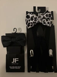4 Pc Silver Leopard Velvety Bow Tie, Suspenders, Black Bow Tie w/ Pocket Square - Picture 1 of 1