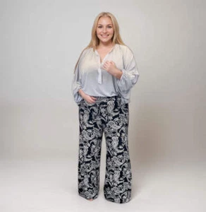 PANTALONES ROCKTHOSECURVES MUJER NEGRO TOPO PAISLEY PALAZZO PANTALONES DE TIRO ALTO - Imagen 1 de 8