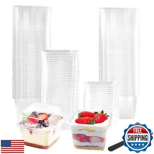 100 Pack 8OZ Plastic 50Pcs Square Dessert Cups with Lids and 50Pcs Spoons,Squ - Picture 1 of 5