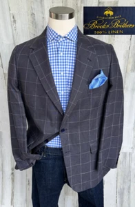 Brooks Brothers Mens Suit Jacket Blazer Size 43R 100% Linen Gray Blue Windowpane - Picture 1 of 14