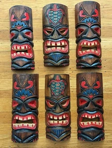 Set of Six Painted Wood Tiki Wall Masks Sea Turtle Hawaii - Picture 1 of 6