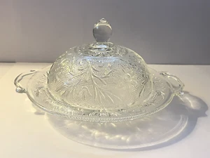 Tiara Indiana Clear Sandwich Glass Round Lidded Butter ~ Plate & Dome Lid - Picture 1 of 13
