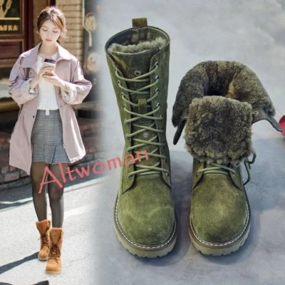 Hot Womens Winter Warm Faux Suede Fur Lining High Top Boots Lace Up Shoes - Image 1 of 4
