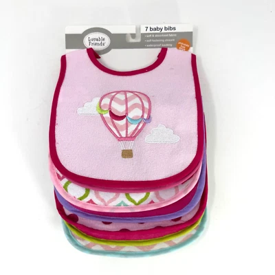 Baberos babeadores de rizo de algodón Luvable Friends para bebé con globo rosa trasero PEVA paquete de 7 Foto 1 de 3