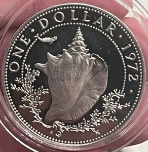 1972 Bahamas One Dollar Silver Coin, Silver Conch, Elizabeth II, AU/Uncirculated - Picture 1 of 3