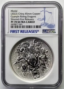 NGC PF70 China 2022 Guanyin Riding Dragons 觀音騎龍 Silvered Copper Medal 45mm - Picture 1 of 2