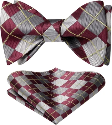 Pajaritas Borgoña para Hombre Cuadros Auto Corbata Pajarita y Bolsillo Cuadrado Clásico Foto 1 de 4