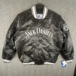 Jack Daniels Jacket Mens Large Black Starter Old No 7 Satin Bomber Quilted Logo - Picture 1 of 13
