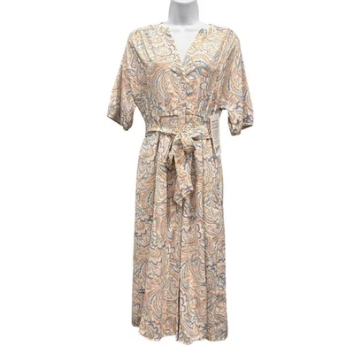Lucky Brand Boho Paisley Midi Dress Button Up Coastal Cowgirl Office Size M NEW - Image 1 of 4