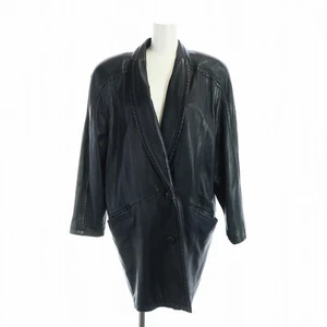 Pierre Balmain Leather Coat Shawl Collar Long Sleeve Wool Lining Navy Used - Picture 1 of 9