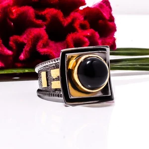 Black Onyx - Brazil Black And Gold Plated 925 Sterling Silver Ring s.6 Sku11 - Picture 1 of 2