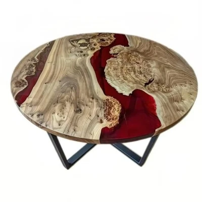 Red Epoxy Resin Round Table Top Live Edge Wood & Counter Desk Custom Furniture - Image 1 of 4